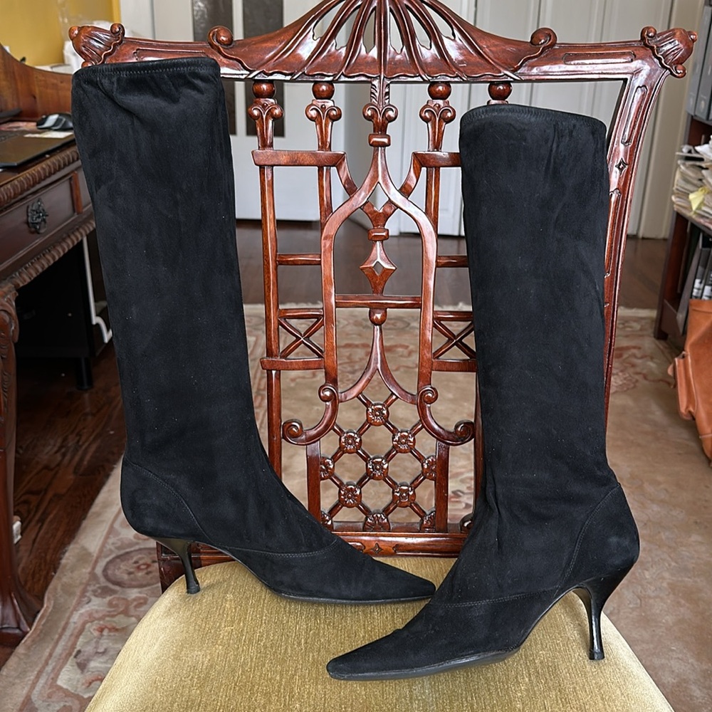 Sergio Rossi Black Stretchy Suede Pointed Toe Sock Knee-High Boots Size 38 / 7.5 - Picture 5 of 13